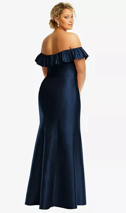 Off-the-Shoulder Ruffle Neck Satin Trumpet Gown in Midnight Navy