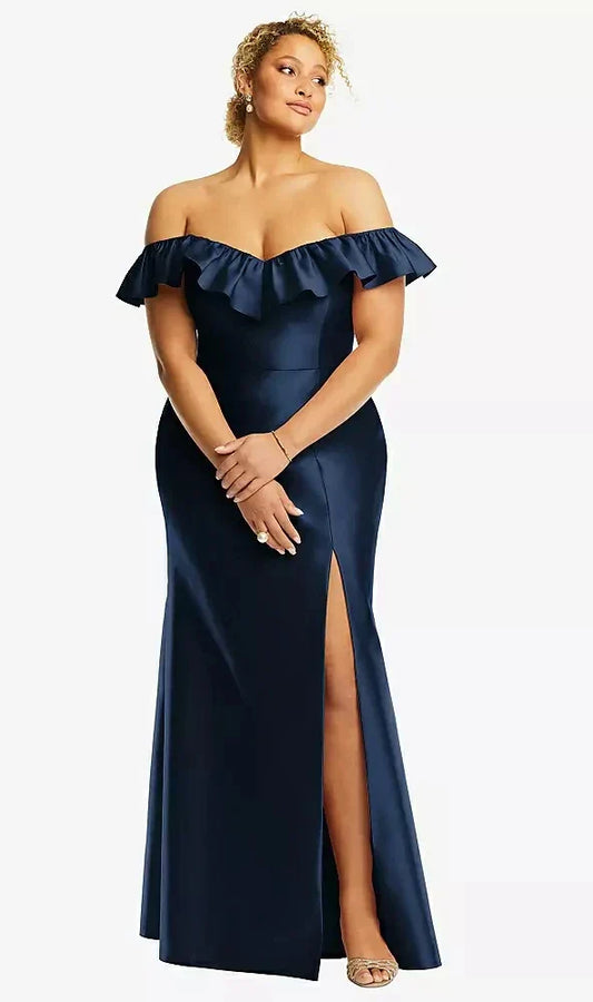 Off-the-Shoulder Ruffle Neck Satin Trumpet Gown in Midnight Navy