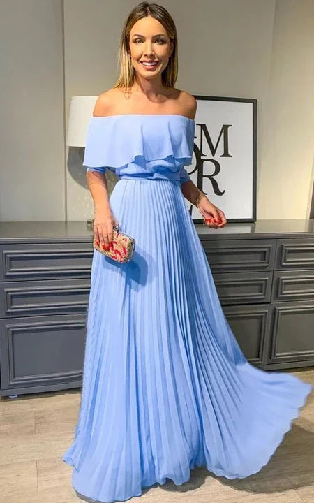 Off-the-shoulder Blue Empire Pleated A-line Floor-length Evening Dress Chiffon Prom Dress