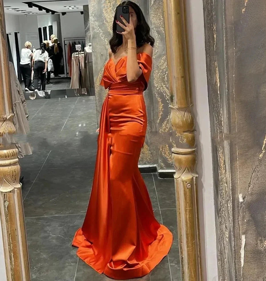 Off Shoulder Burnt Orange Formal Dress Maxi Wedding Guest Dress