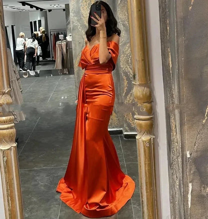Off Shoulder Burnt Orange Formal Dress Maxi Wedding Guest Dress