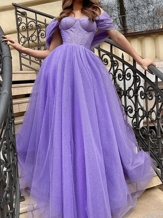 Off Shoulder Formal Dress Purple Sequin Tulle Prom Dress