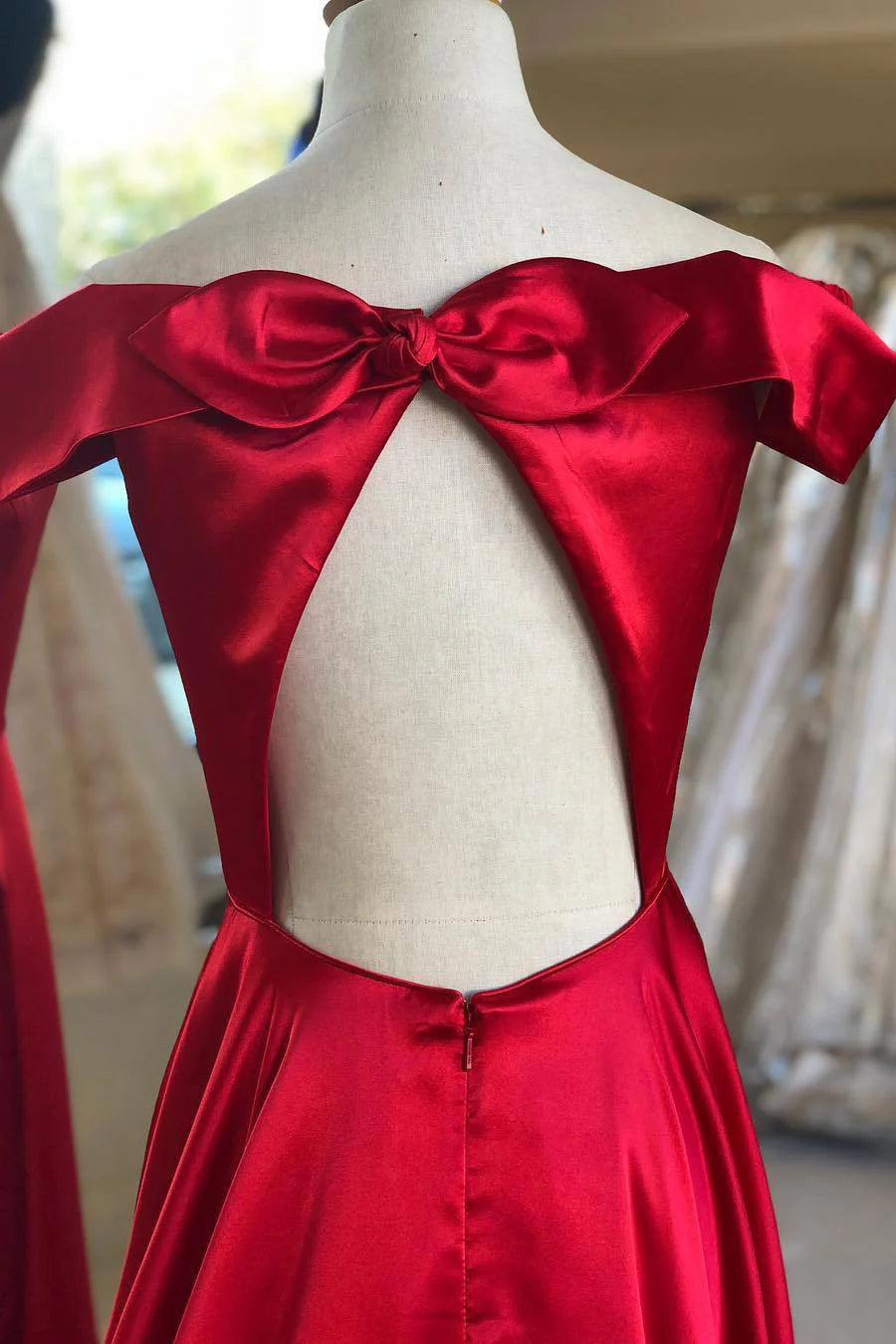 Off Shoulder Long Red Prom Dress with Keyhole Back/Formal Women's Dresses