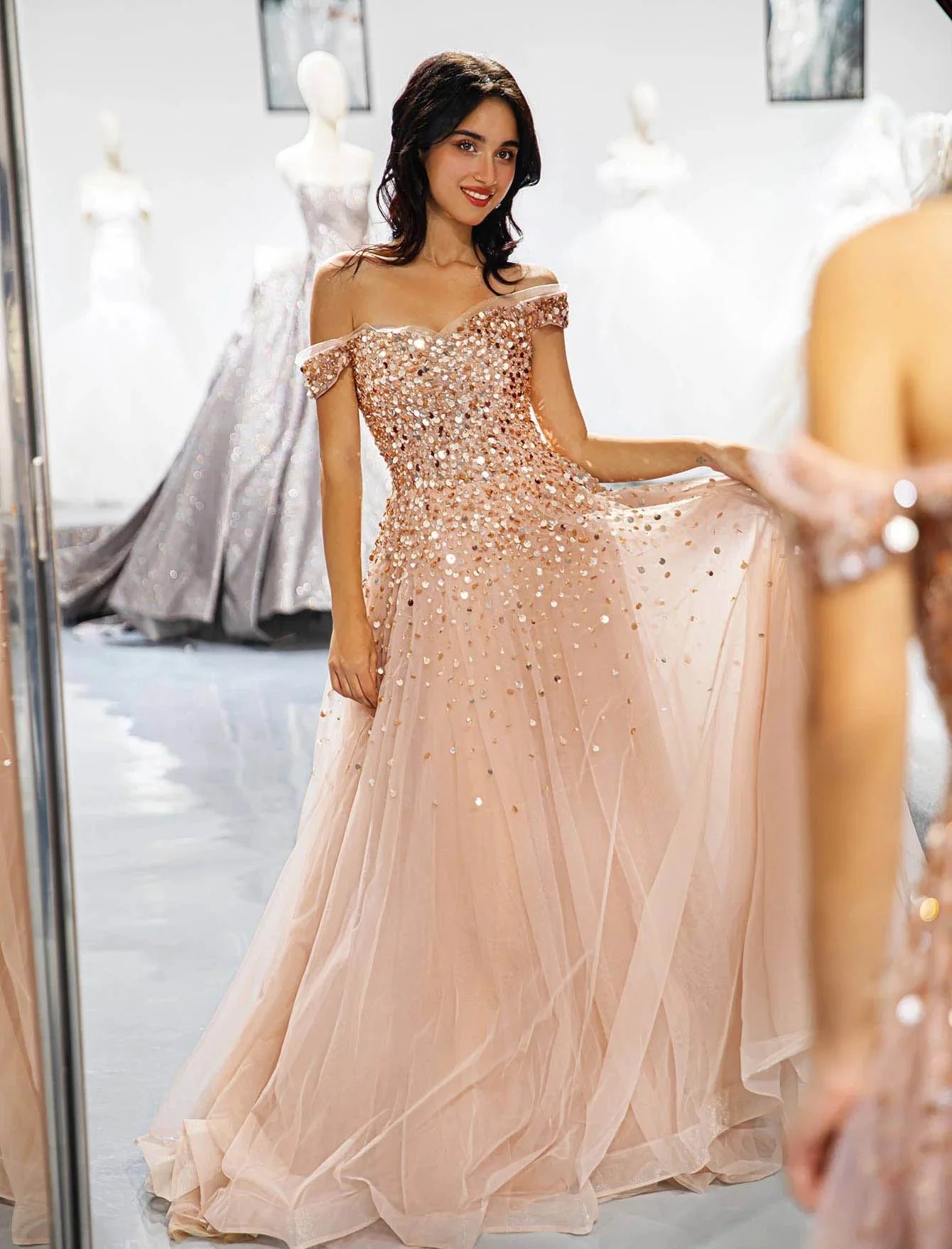 Off the Shoulder Beaded Prom Dress