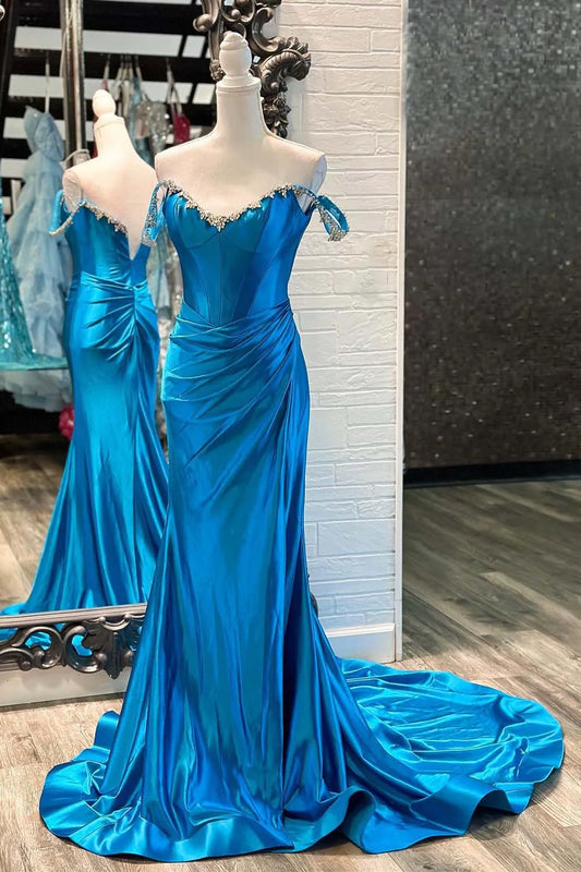 Off the Shoulder Corset Bodice Satin Prom Dress with Slit