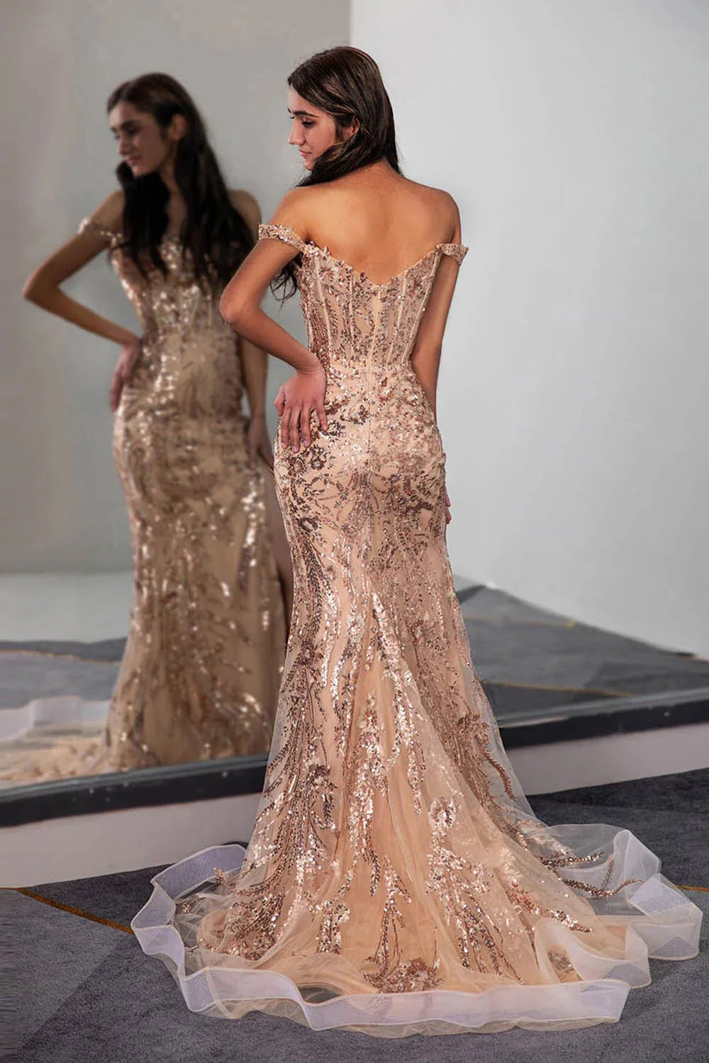 Off the Shoulder Slit Champagne Prom Dress
