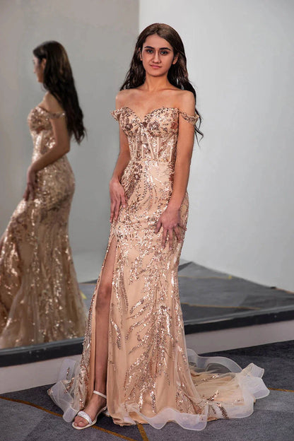 Off the Shoulder Slit Champagne Prom Dress