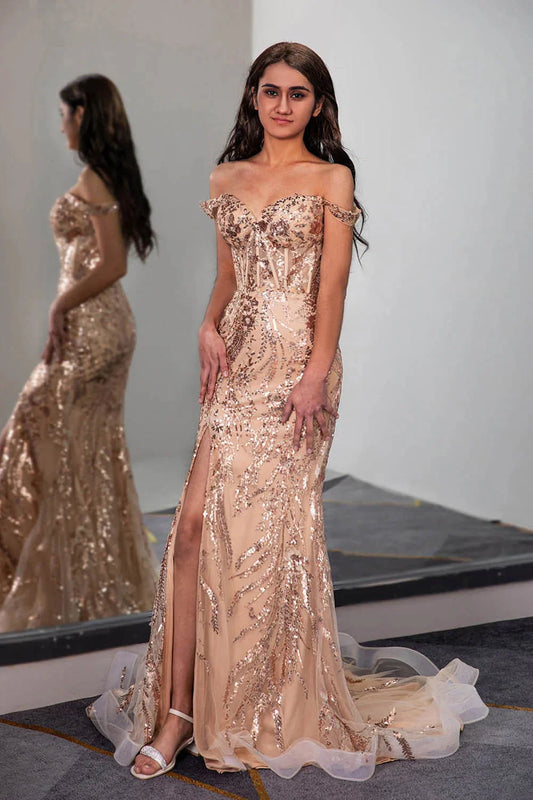 Off the Shoulder Slit Champagne Prom Dress