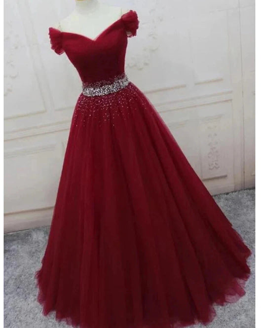 Off the Shoulder Tulle Beaded Long Prom Dresses Lace Up