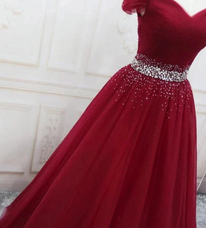Off the Shoulder Tulle Beaded Long Prom Dresses Lace Up