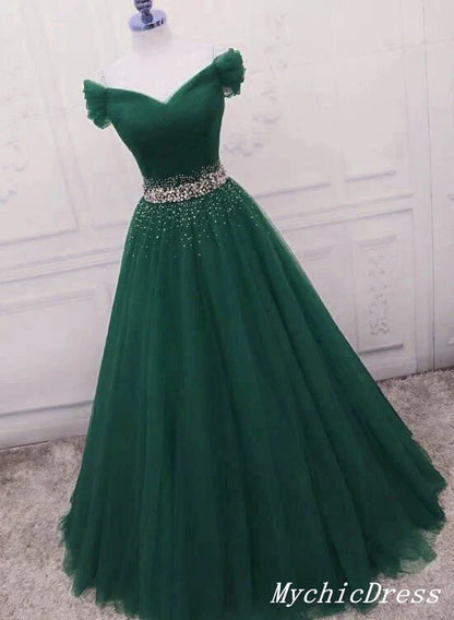 Off the Shoulder Tulle Beaded Long Prom Dresses Lace Up