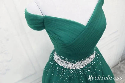 Off the Shoulder Tulle Beaded Long Prom Dresses Lace Up