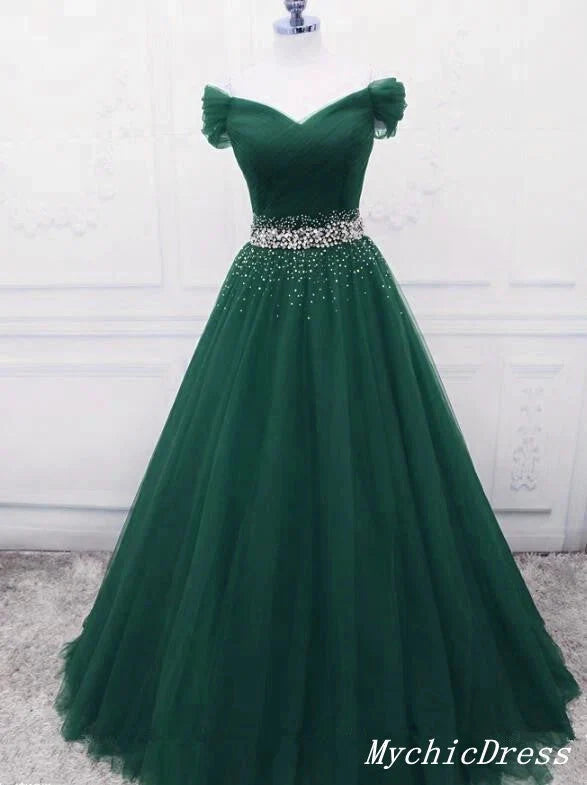 Off the Shoulder Tulle Beaded Long Prom Dresses Lace Up