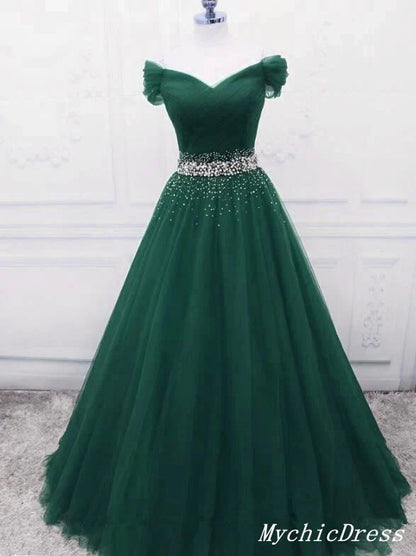 Off the Shoulder Tulle Beaded Long Prom Dresses Lace Up