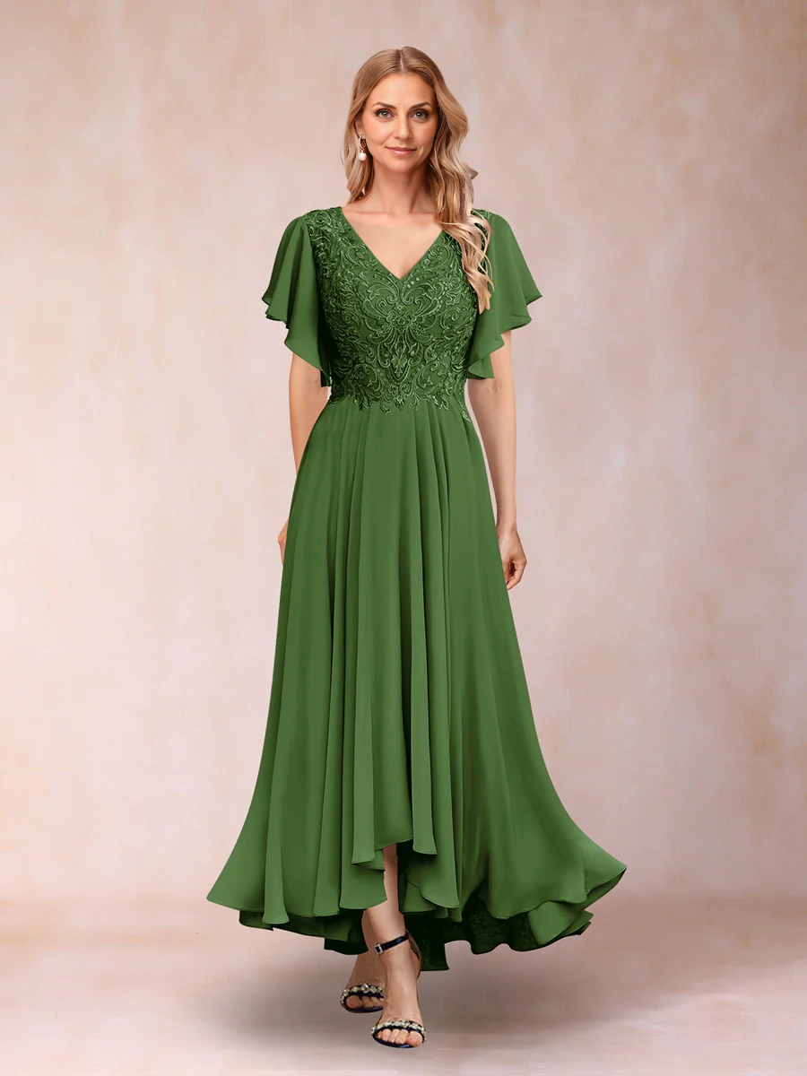 A-Line/Princess V-Neck Short Sleeves Long Evening Dresses Chiffon Mother of the Bride Dresse with Appliques