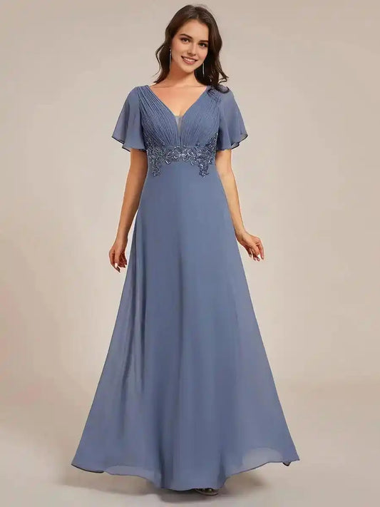 One-Piece Type Short Sleeves V-Neck Velvet Midi Mother of the Bride Dress
