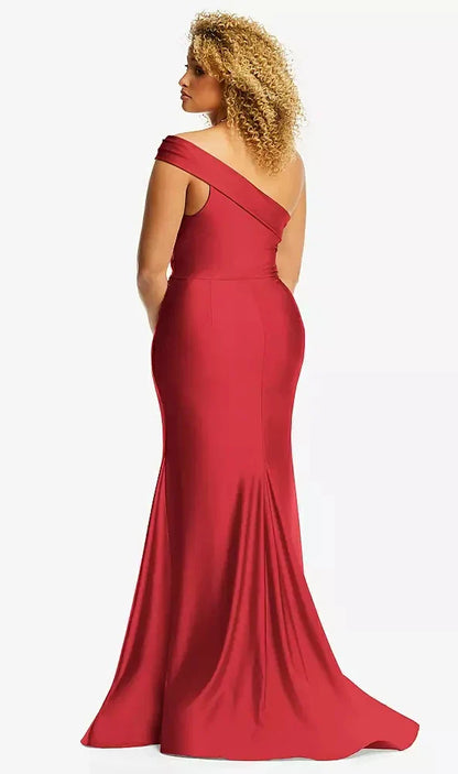 One-Shoulder Bias-Cuff Stretch Satin Mermaid Dress with Slight Train in Poppy Red