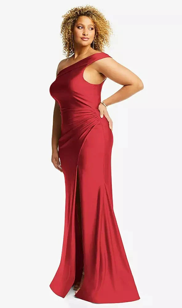 One-Shoulder Bias-Cuff Stretch Satin Mermaid Dress with Slight Train in Poppy Red