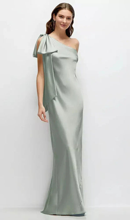 One-Shoulder Bias-Cut Satin Maxi Dress with Cascading Shoulder Bow in Willow Green