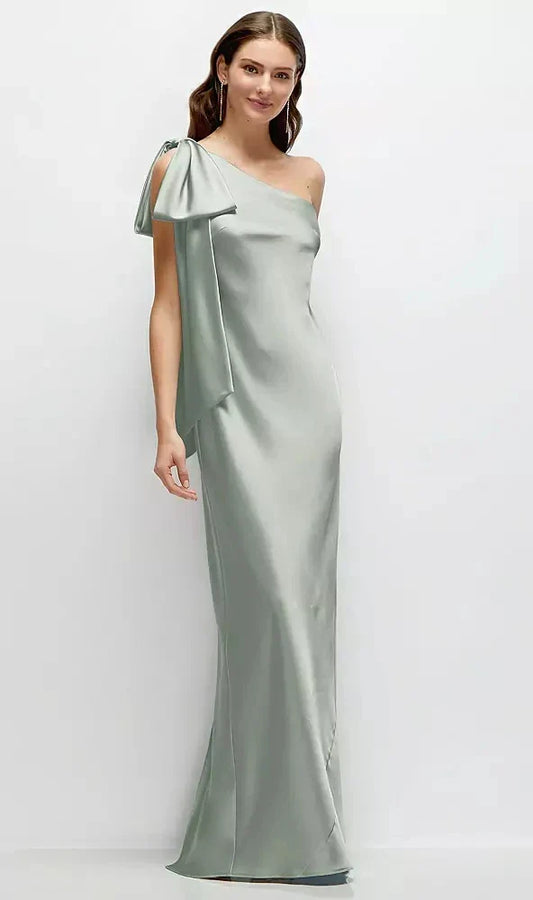 One-Shoulder Bias-Cut Satin Maxi Dress with Cascading Shoulder Bow in Willow Green
