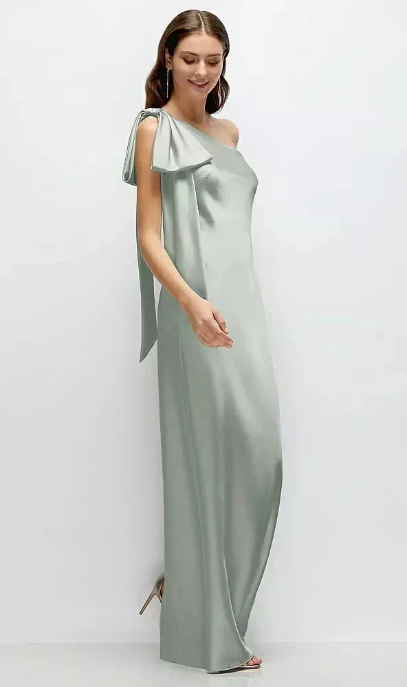One-Shoulder Bias-Cut Satin Maxi Dress with Cascading Shoulder Bow in Willow Green