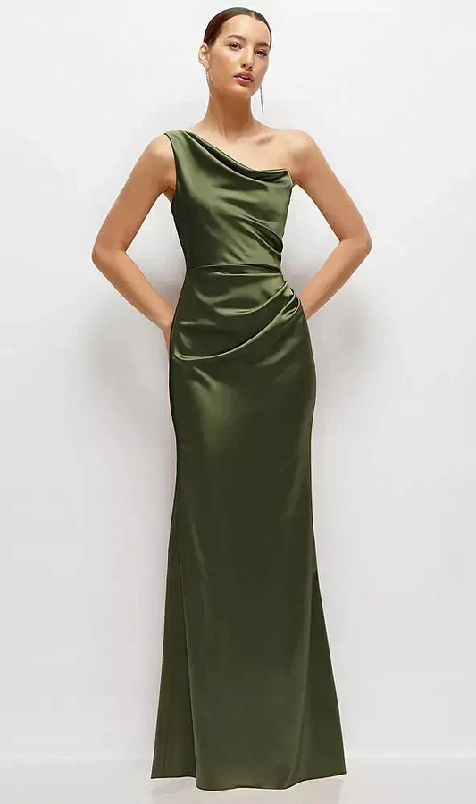 One-Shoulder Cat-Eye Neckline Fit and Flare Satin Maxi Dress in Olive Green