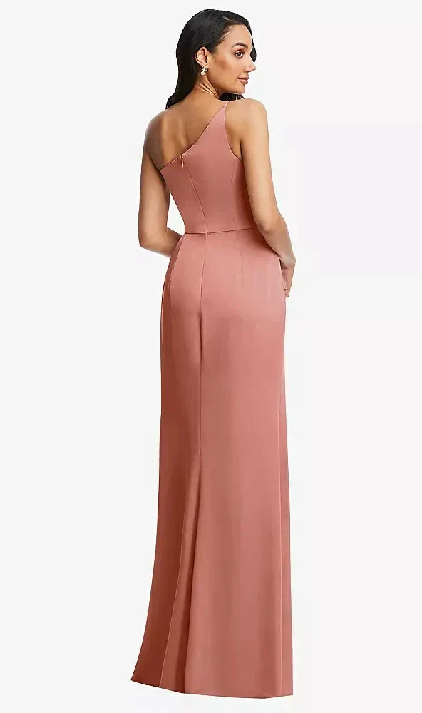 One-Shoulder Draped Skirt Satin Trumpet Gown in Desert Rose