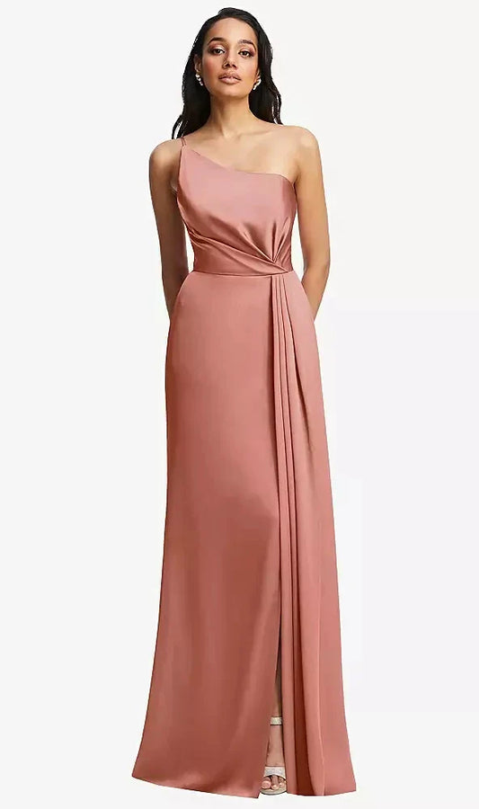 One-Shoulder Draped Skirt Satin Trumpet Gown in Desert Rose