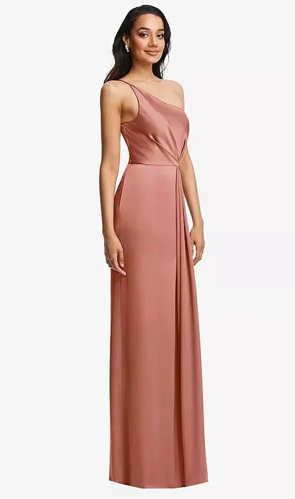 One-Shoulder Draped Skirt Satin Trumpet Gown in Desert Rose