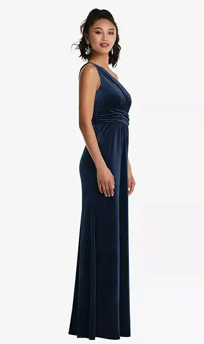 One-Shoulder Draped Velvet Maxi Dress in Midnight Navy Bridesmaid Dresses