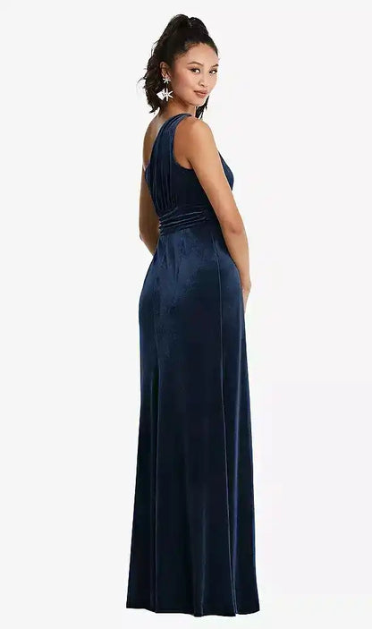 One-Shoulder Draped Velvet Maxi Dress in Midnight Navy Bridesmaid Dresses