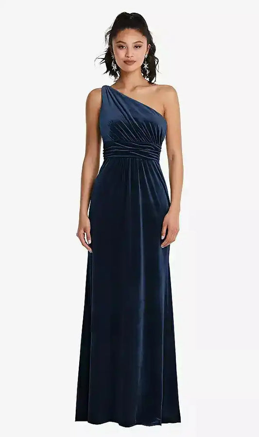 One-Shoulder Draped Velvet Maxi Dress in Midnight Navy Bridesmaid Dresses