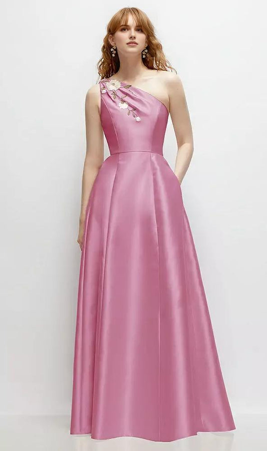 One-Shoulder Full A-Line Satin Gown with Handworked Floral Appliqu¨¦ in Powder Pink