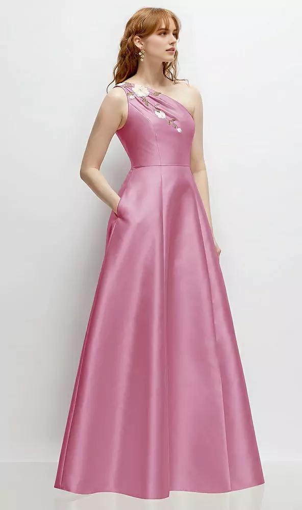 One-Shoulder Full A-Line Satin Gown with Handworked Floral Appliqu¨¦ in Powder Pink