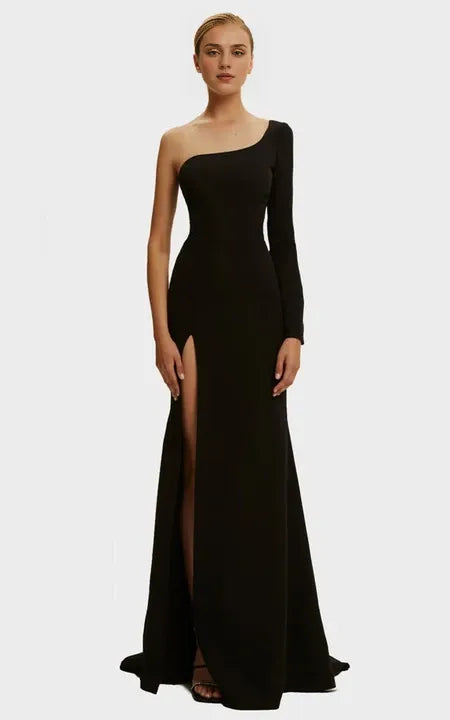 One-Shoulder Long Sleeves Sheath Casual Satin Sweep Train Prom Dress with Split Front/Formal Women's Dresses