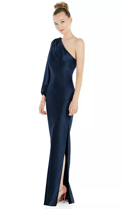One-Shoulder Puff Sleeve Maxi Bias Dress with Side Slit in Midnight Navy