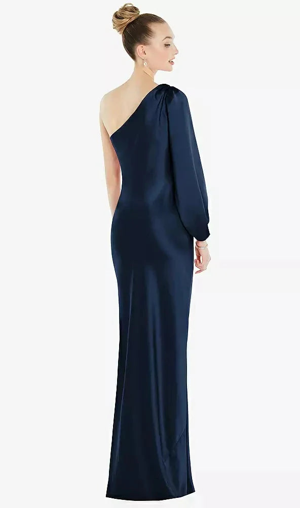 One-Shoulder Puff Sleeve Maxi Bias Dress with Side Slit in Midnight Navy
