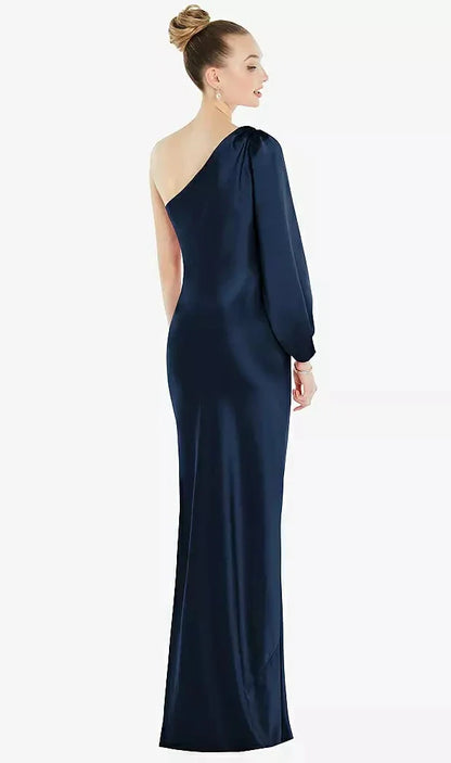 One-Shoulder Puff Sleeve Maxi Bias Dress with Side Slit in Midnight Navy