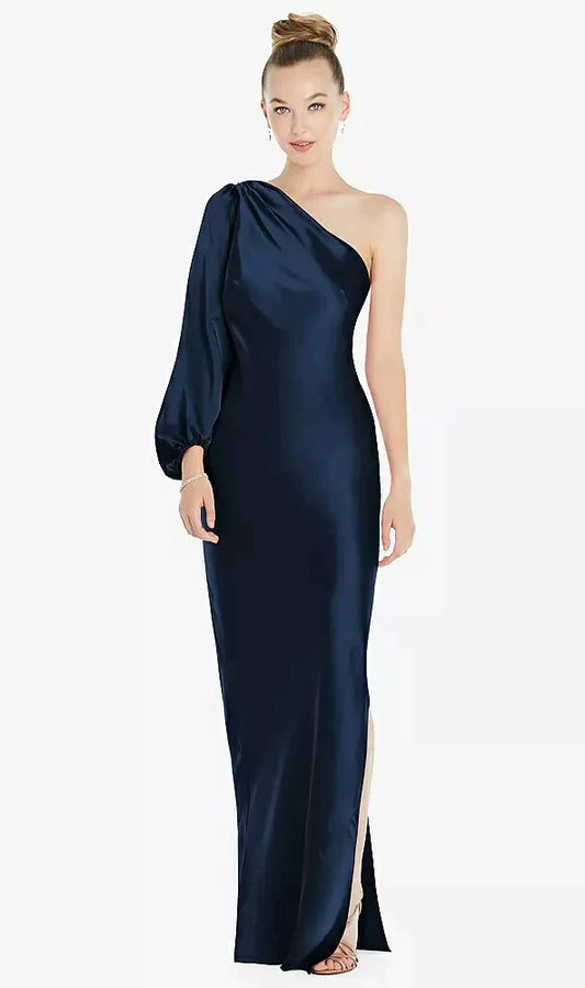 One-Shoulder Puff Sleeve Maxi Bias Dress with Side Slit in Midnight Navy