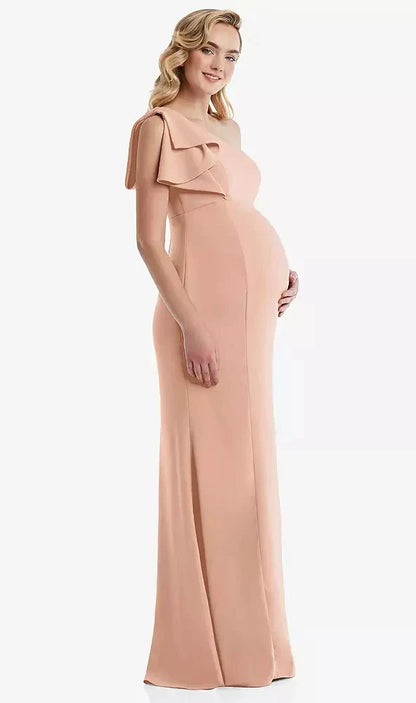 One-Shoulder Ruffle Sleeve Maternity Trumpet Gown in Pale Peach
