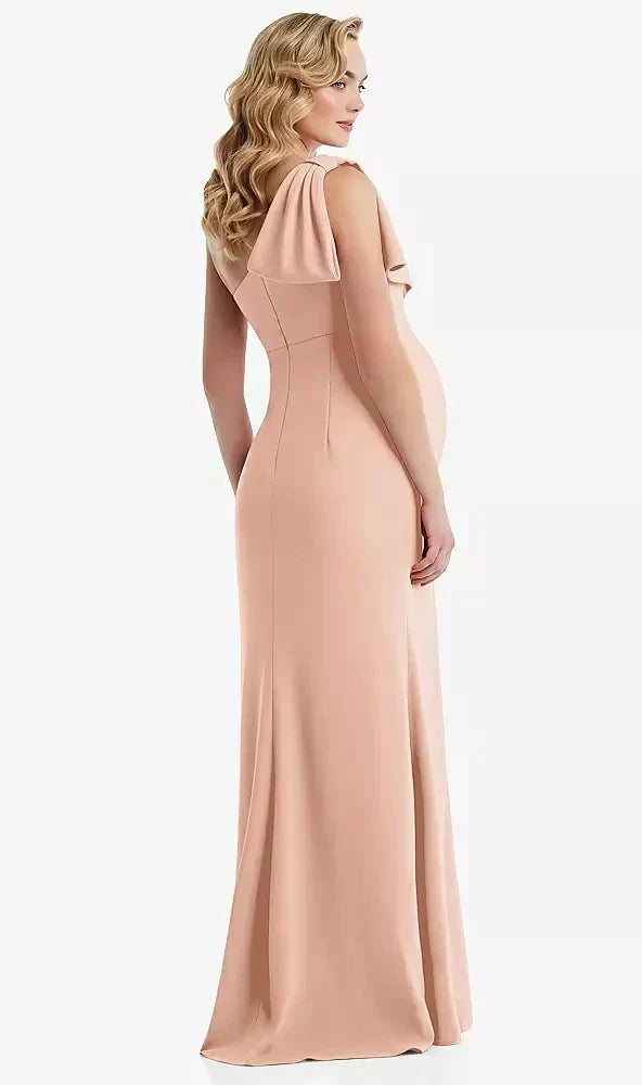 One-Shoulder Ruffle Sleeve Maternity Trumpet Gown in Pale Peach