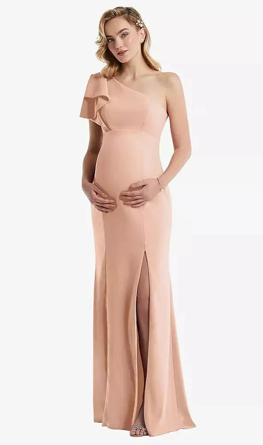 One-Shoulder Ruffle Sleeve Maternity Trumpet Gown in Pale Peach