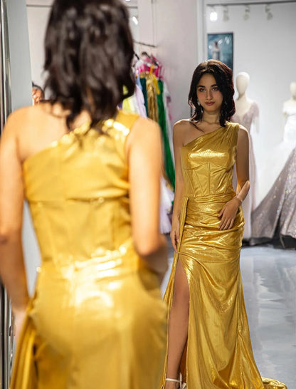One Shoulder Gold Metallic Prom Dress