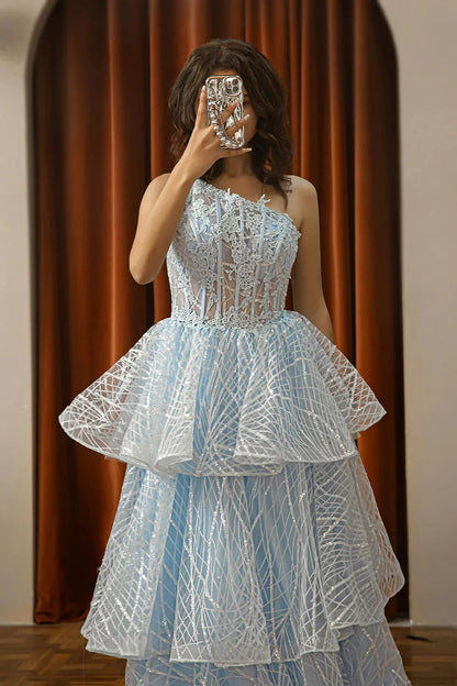One Shoulder Tiered Corset Senior Prom Dress