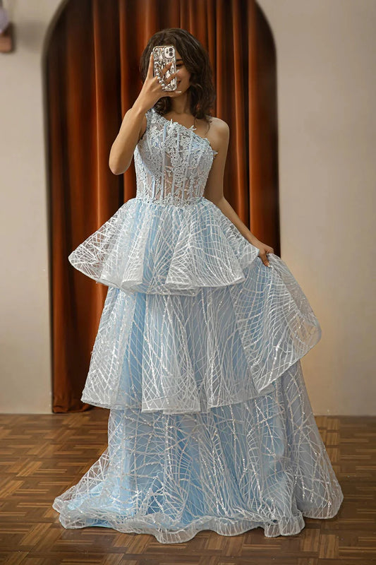 One Shoulder Tiered Corset Senior Prom Dress
