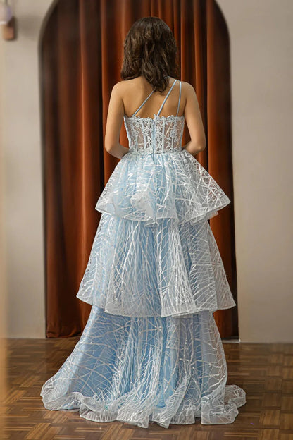 One Shoulder Tiered Corset Senior Prom Dress