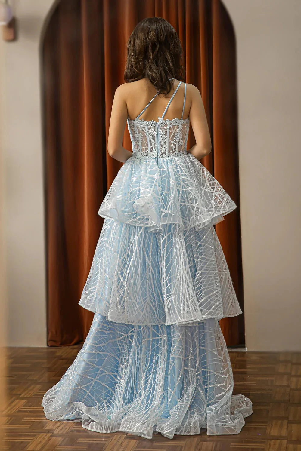 One Shoulder Tiered Corset Senior Prom Dress