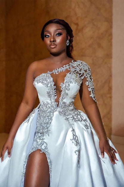 One Shoulder Wedding Dresses Ball Gown Regular Straps Court Train Satin Bridal Gowns With Beading Split Front