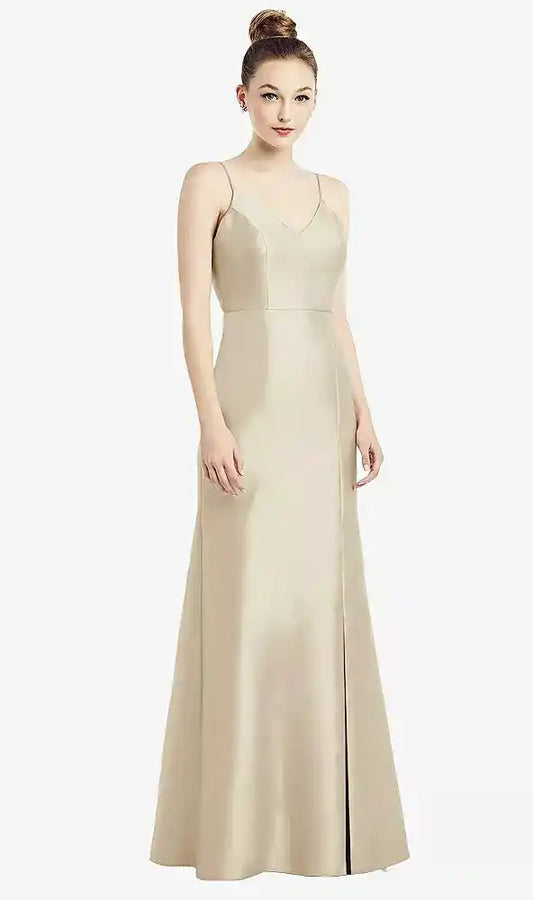 Open-Back Bow Tie Satin Trumpet Gown in Champagne