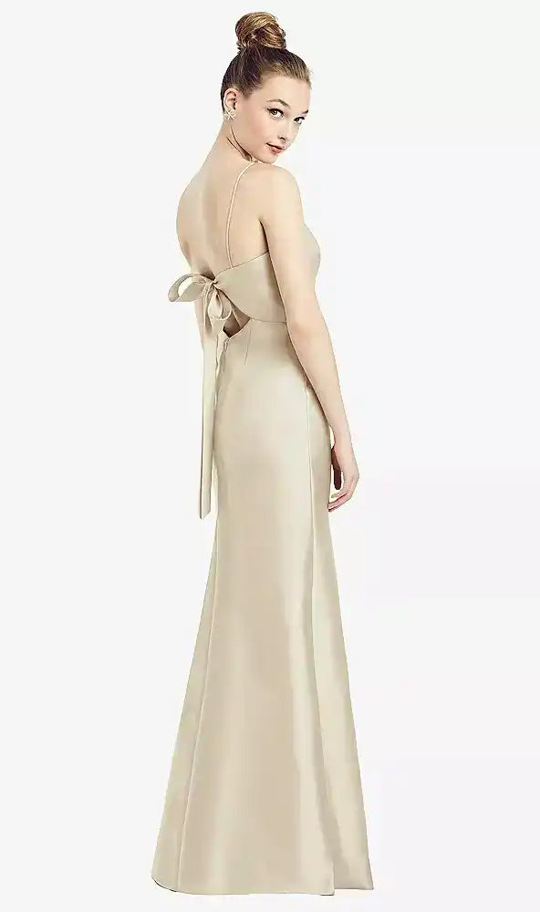 Open-Back Bow Tie Satin Trumpet Gown in Champagne